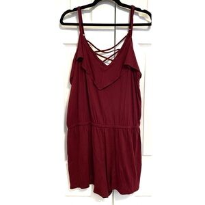 AEROPOSTALE- Ruffled Cold-Shoulder Burgundy Short Romper Size XL